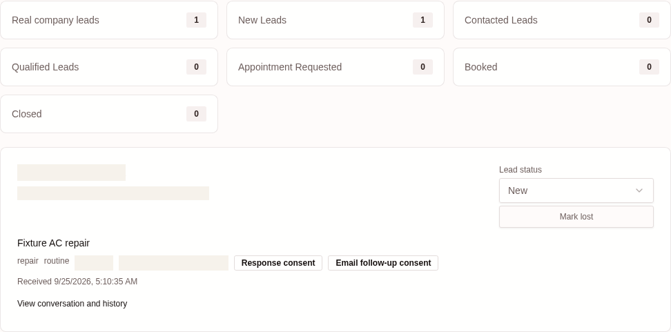 ServiceNudge dashboard with lead-status counts and a synthetic service request; contact details are redacted.